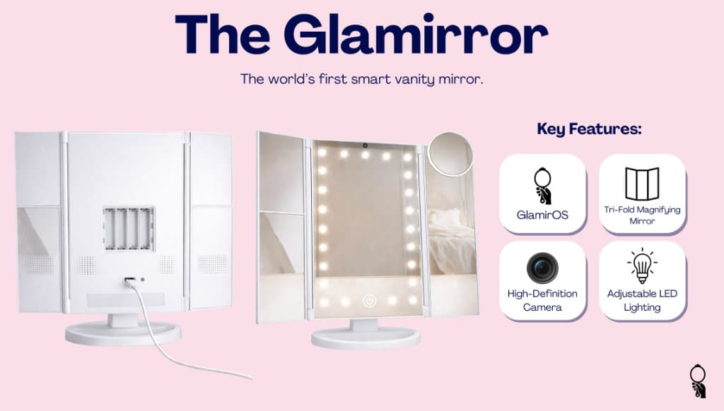 The Glamirror smart vanity mirror, front and back views