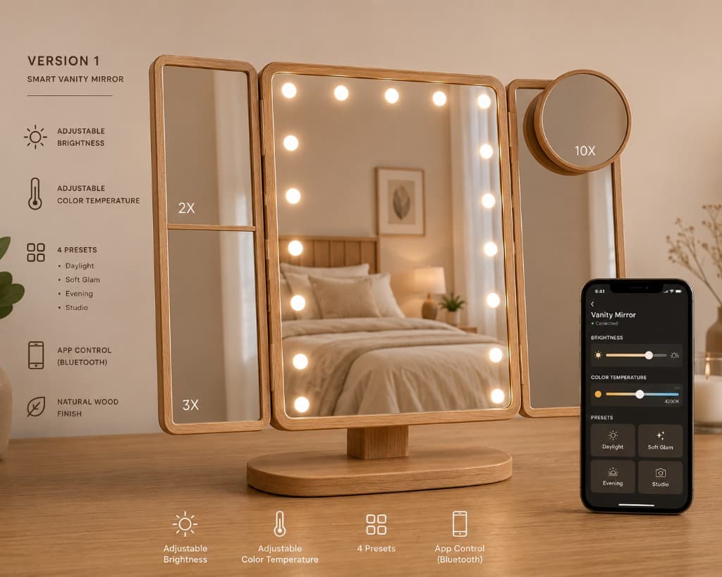 A natural wood-finished tri-fold vanity mirror.